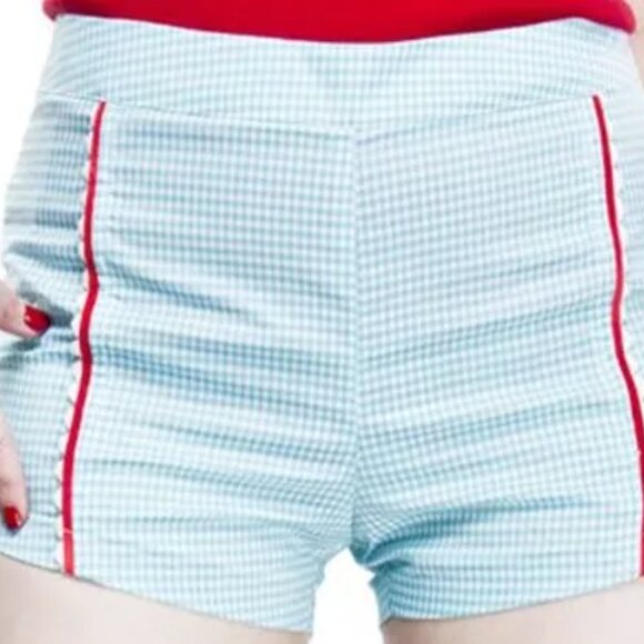 Sourpuss Pants - Aqua Blue & White Gingham Bombshell Shorts by Sourpuss